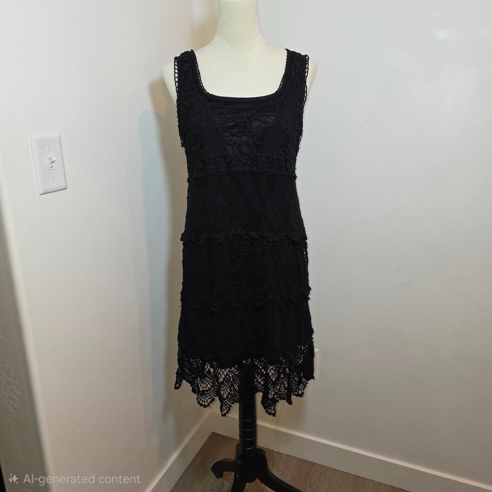 Women's Black Cotton Crochet Dress Sleeveless Lined Size L Handkerchief Boho